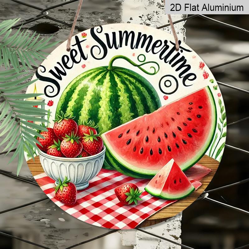 2D Flat, 1pc Retro "Sweet Summertime" Round Aluminum Metal Sign, Watermelon & Strawberry with Checkered Picnic Cloth Weatherproof Design, Durable