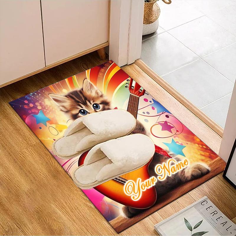 1PC Custom Name Kitten Guitar Artwork Theme Floor Mat Ideal for Living Room, Game Rooms, Office, Bedroom Floor Mat Playful Design