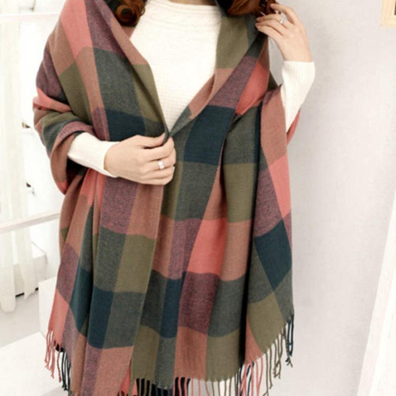 Autumn and Winter Dual-purpose Women's Imitation Cashmere Tassel Super Long Thickened Warm Color Plaid Scarf Shawl