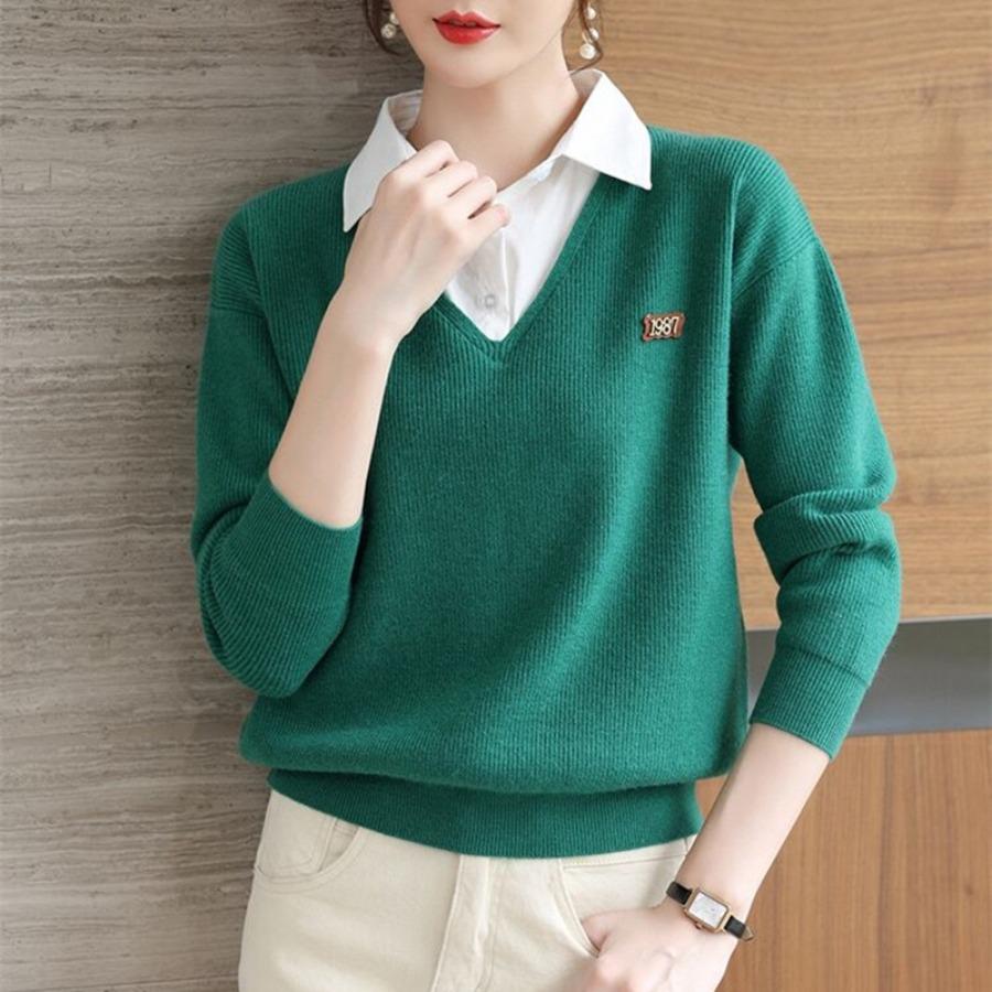 Faux Two Piece Long Sleeve Knit Sweaters Fashion Lapel Shirt Pullover Blouse Women Autumn Winter Tops