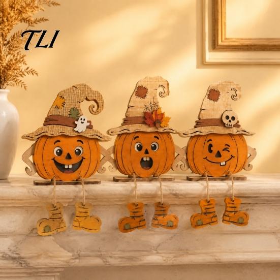 Rustic Witch Hat Pumpkin Decor 3PCS Distressed Wooden Ornaments, Hats And Ghost Patches Retro Gothic Mantel Decor, Halloween Farmhouse Style Tabletop