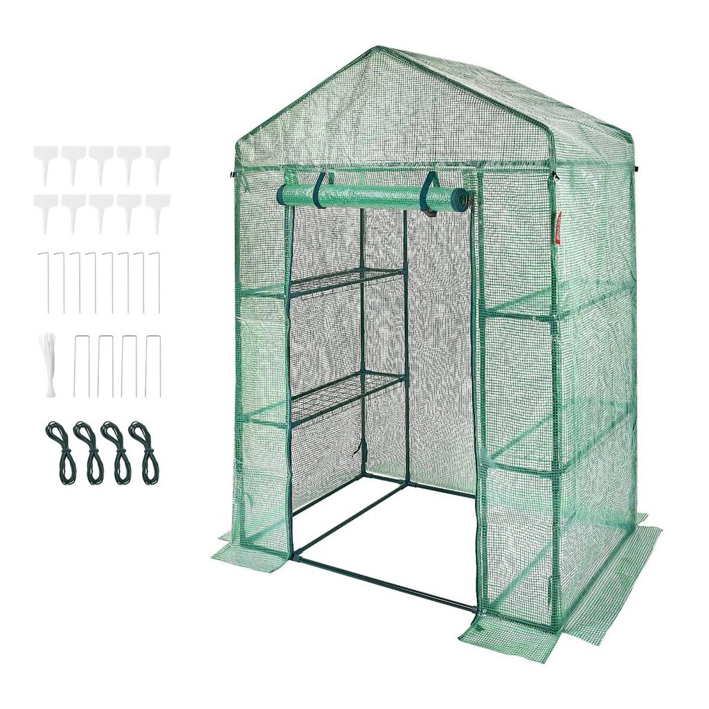 Walk-in Green House, 4.6 x 2.4 x 6.7 ft Greenhouse with Shelves, Set Up in Minutes, High Strength PE Cover with Doors & Windows and Steel Frame,
