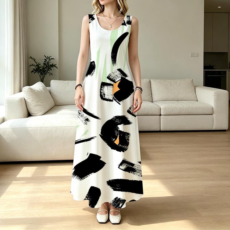 Women's Sleeveless Long Tank Dress,Abstract Art Collection Beach Vacation Dress Loose Fit,Lightweight & Breathable,Versatile for Daily & Holiday Wear