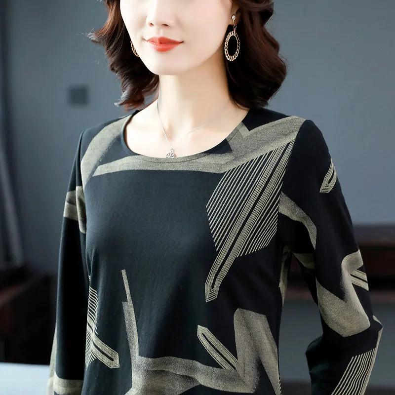 Платье большого размера с длинными рукавами, женское весенне-осеннее платье средней длины выше колена, юбка с круглым вырезом и принтом