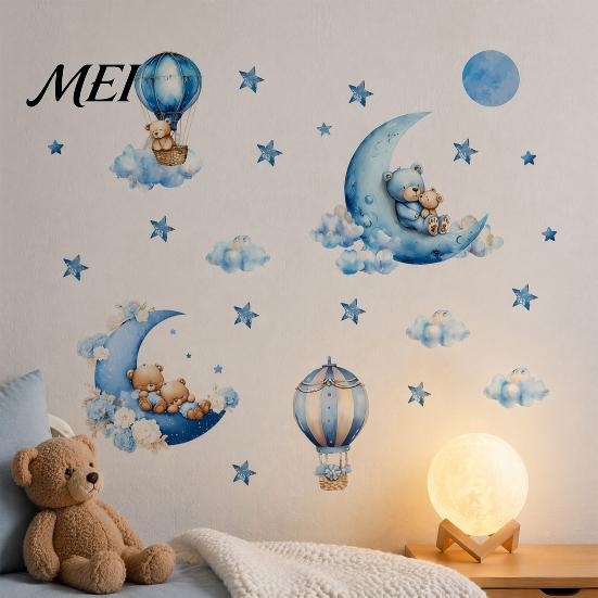 Haze Blue Bedroom Decor 2Pcs Starry Sky Bear Wall Stickers, Cartoon Moon Hot Air Balloon Decals, Baby Nursery Decals Peel And Stick Art Decors for Kid