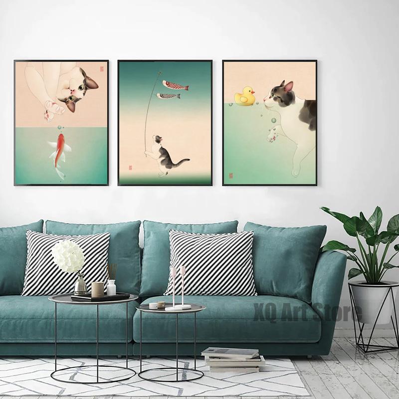 Очаровательные забавные животные, художественная кошка, играющая с рыбой в воде, постер, картина на холсте, печать, настенная художественная картина для дома