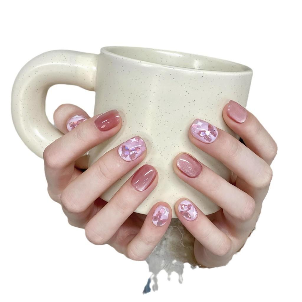 100% РУЧНАЯ РАБОТА Короткие круглые накладные ногти с клеем Короткие акриловые накладные ногти в форме бабочки Авроры Пресс на искусственных ногтях Многоразовые ногти