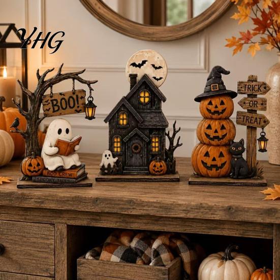 Haunted House Tabletop Sign 3Pcs Halloween Wooden Decorations, Fall Ornaments with Ghost Black Cat Pumpkin Spooky Cute Home Accents Elements,
