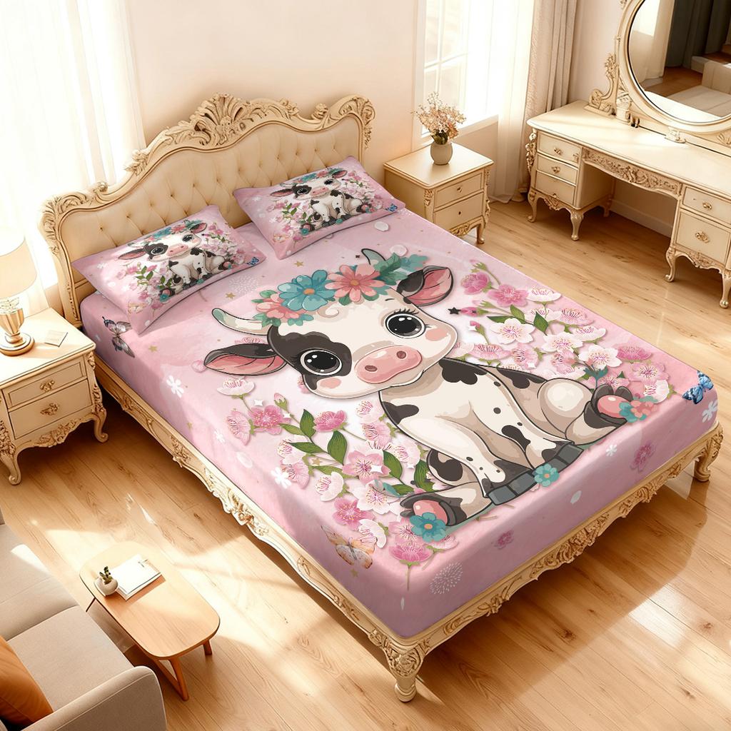 3pcs Cartoon Cute Highland Cow Pink Printed Chipless Bed Sheet Set Multi Size Comfortable Bed Cover Bedroom Bedding Decoration