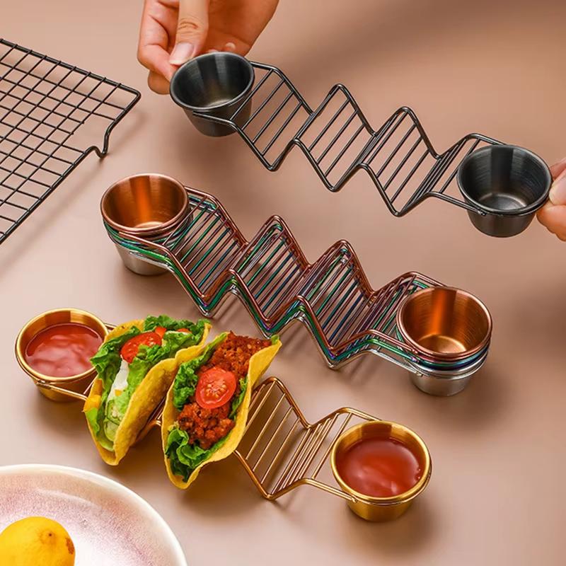 Набор держателей для тако из нержавеющей стали, подставка-держатель для тако с 2 соусницами, подставка для тако, вмещает 3 тортильи, кухонный гаджет
