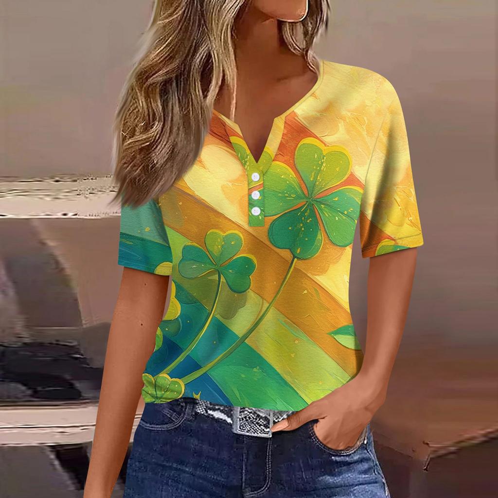 Women's T Shirt Tee Print Button Short Sleeve Daily Weekend Fashion Basic V- Neck Regular Top St. Patrick's Day