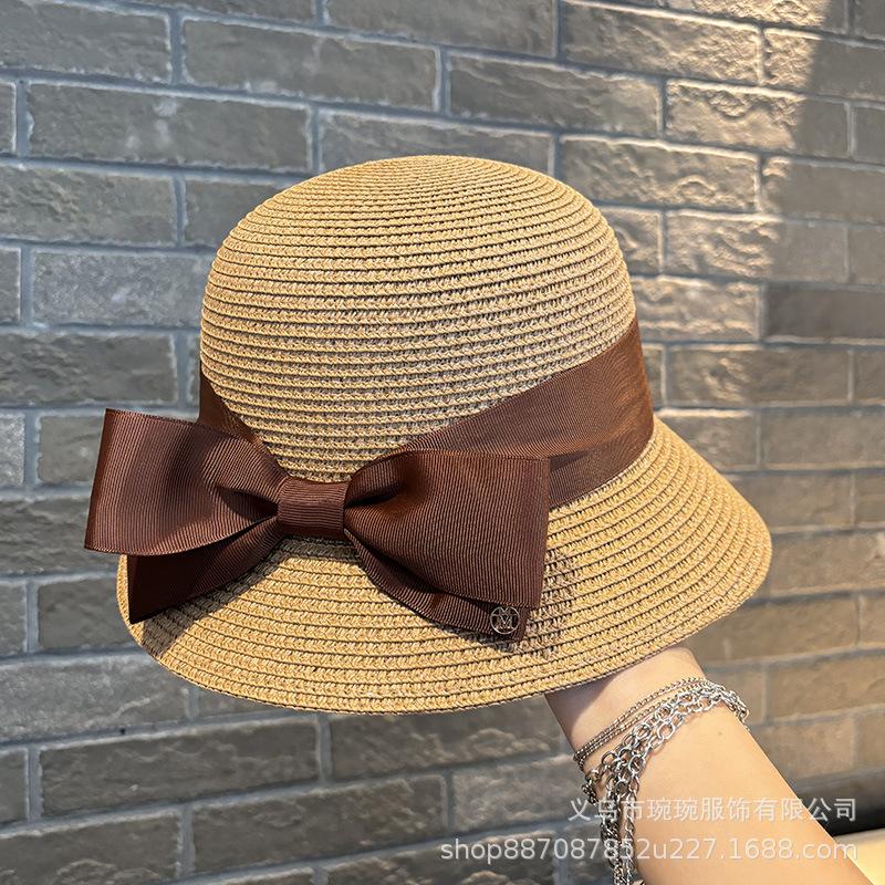 Summer woven double-layer bow webbing straw hat women's outdoor seaside sunshade sunscreen beach hat slimming sun hat
