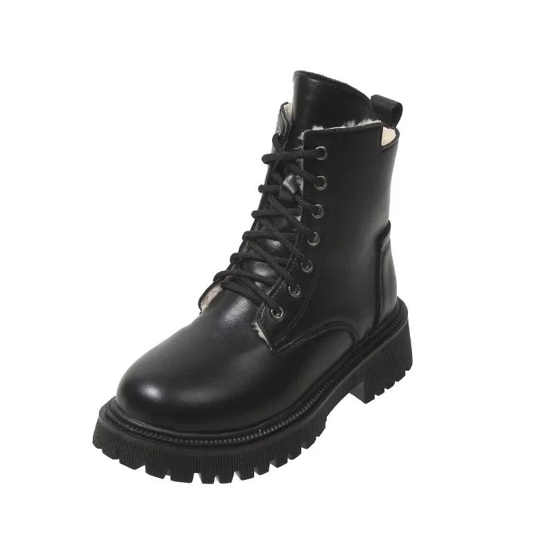 Черные ботильоны для женщин, модные зимние теплые плюшевые повседневные короткие ботинки, женские удобные ботинки из искусственной кожи для ходьбы 2024