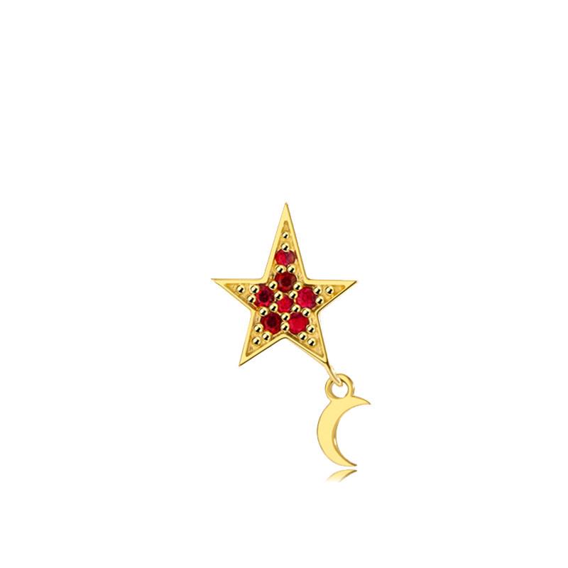 Star Moon Ruby Dangle Solid 18K Gold Internally Threaded Cartilage Studs AU750 Luxury Body Piercing Jewelry