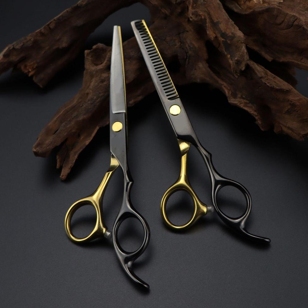 6.0 Inch Black Gold Hairdressing & Barber Scissors: Straight Shears and Thinning Shears