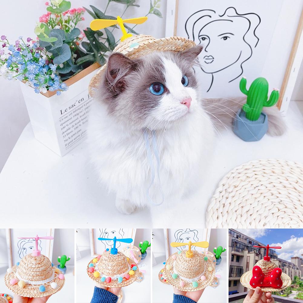 Mini Pet Cat Dogs Summer Straw Hat with Bamboo Dragonfly Hawaii Style Hat for Cats Dogs Funny Accessories
