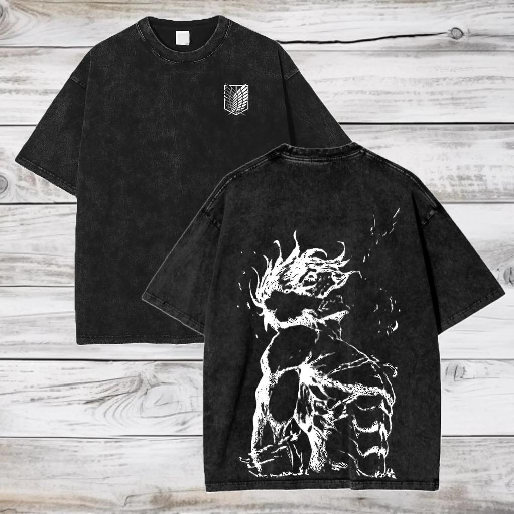 Japan Anime Attack on Titan Eren Jaeger Cool Graphic Print T-shirt Women Men Vintage Washed O-neck Cotton Loose Casual Oversized Top Summer New Tee