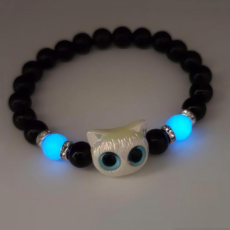 1Pc Cute Big Eye Cat Luminous Bracelets For Women Cartoon Animal Pendant Beaded Hand Chain Friendship Couple Bracelet Jewelry Gift