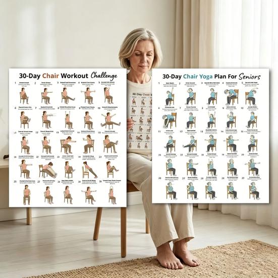 2Pcs Chair Yoga Poster Set, 30 Day Seated Exercise Chart for Seniors, Gentle Stretching Workout Guide for Elderly, Strength Training Wall Art