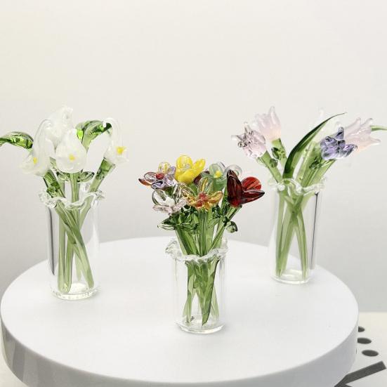 Стеклянное украшение в виде цветка ручной работы со стеблем, выдувная мини-фигурка цветочного растения, украшение для дома, гостиной, офисного стола, ваза для цветов