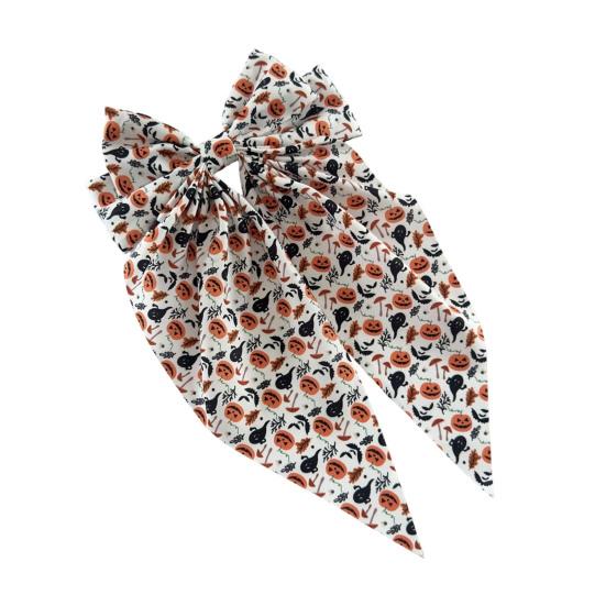 Festive Halloween Hair Accessory Bow Spring Clips for Women, Pumpkin Skeleton Ghost Hand Printed Clip Fabric Barrettes, Cute Horror Accessories