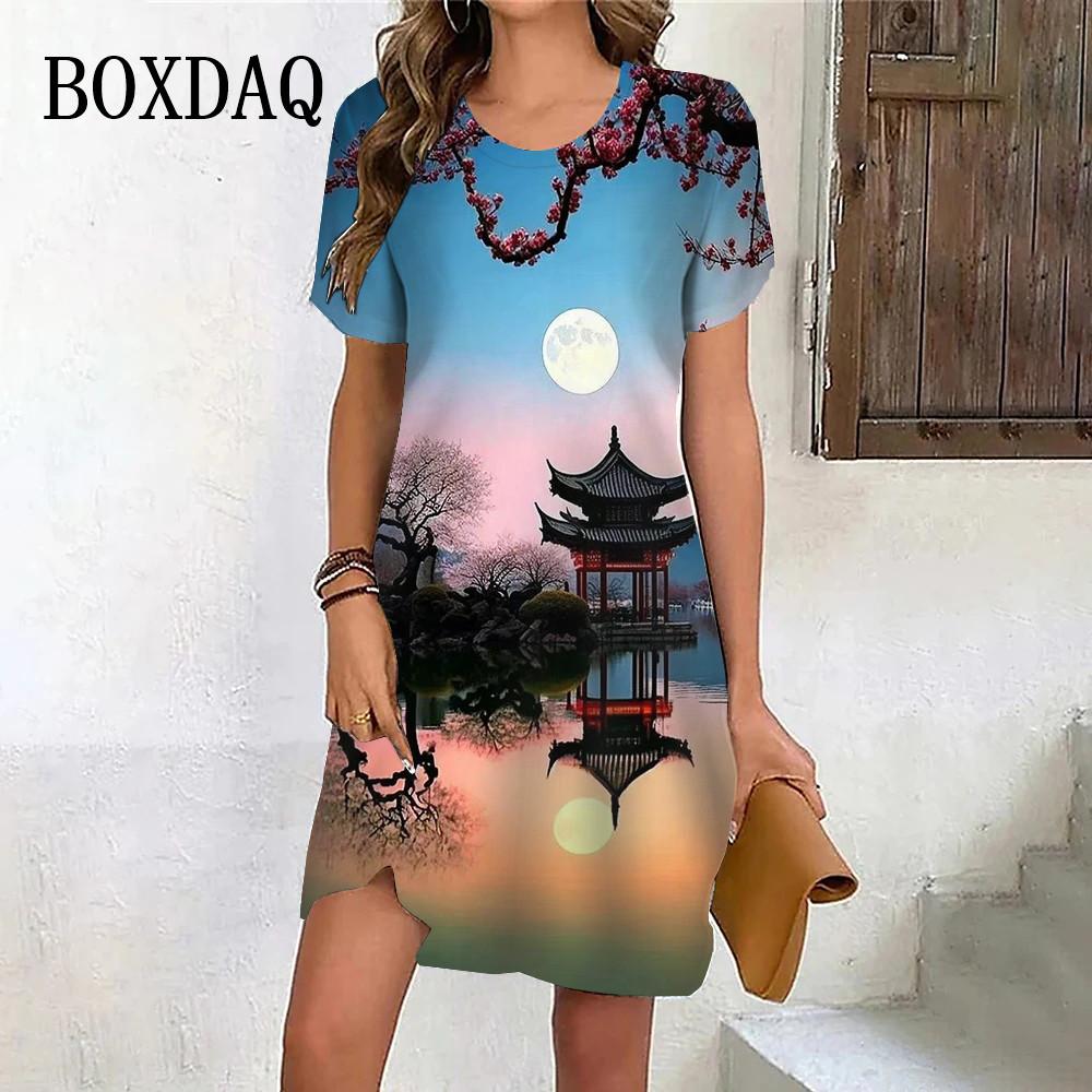 Новые летние платья 2024 года, женские платья с принтом в виде цветов и узоров в стиле тай-дай, женская одежда, повседневное свободное платье в стиле ретро с коротким рукавом и большими размерами