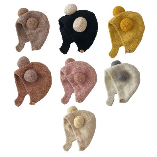 Children Hat with Bear Ear Design Solid Color Button Closure Elastic Breathable Winter Cap Cold Weather Accessory