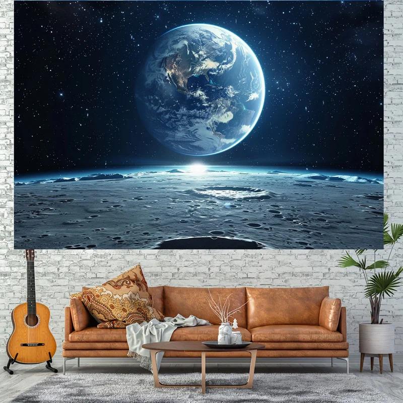 1 piece, 2D flat design, 1 space-themed backdrop banner, universe photography wall banner, Earth and lunar surfaces, wsj