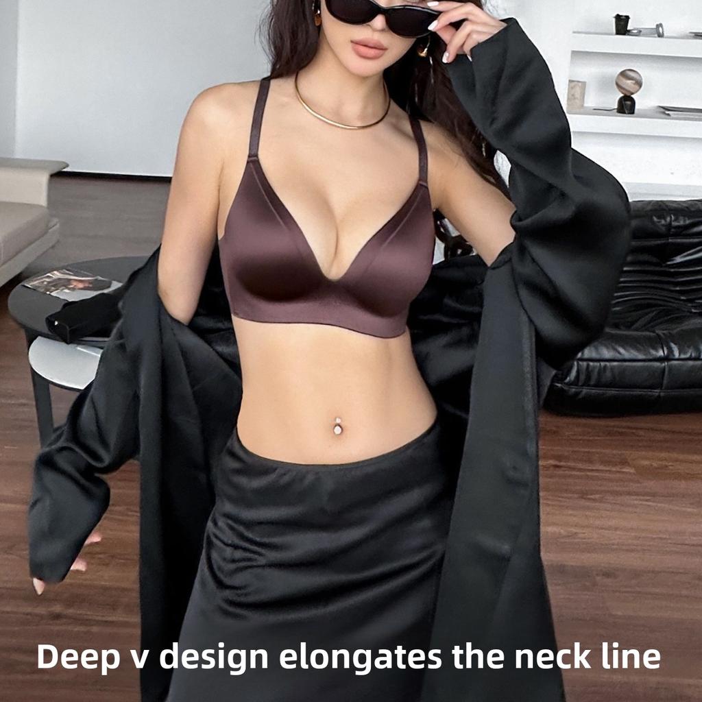 Glitter Strap Deep V Seamless Thin Wireless Bra, Push-Up Side Gathering Lift Bra for Small Bust Women