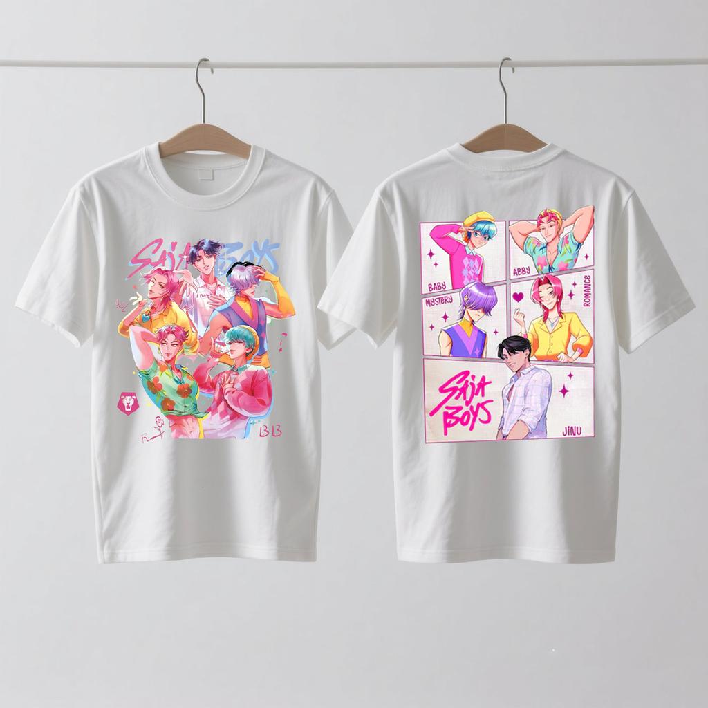 Saja Boys Kpop Охотники на демонов Двусторонняя хлопковая футболка Huntrix Мерч Охотника на демонов Футболки Jinu Saja Эбби Тайна Романтика Малыш Саджа