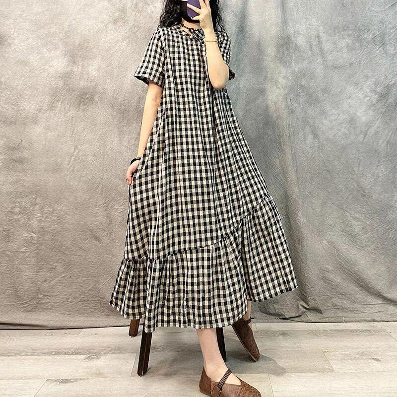 Платье в стиле ретро с пряжкой в китайском стиле из высококачественного хлопка и льна с диагональю, женское летнее новое свободное повседневное платье большого размера