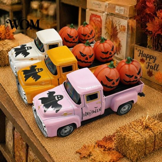 Retro Car Desktop Decor Halloween Pick-up Truck Alloy Figurine, Holding Pumpkin Vintage Statue, Metal Ornament Miniature Vehicle for Holiday