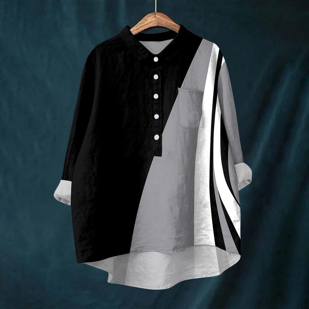 Женская рубашка-блузка с длинными рукавами и принтом на пуговицах, повседневный подол, нестандартный воротник рубашки