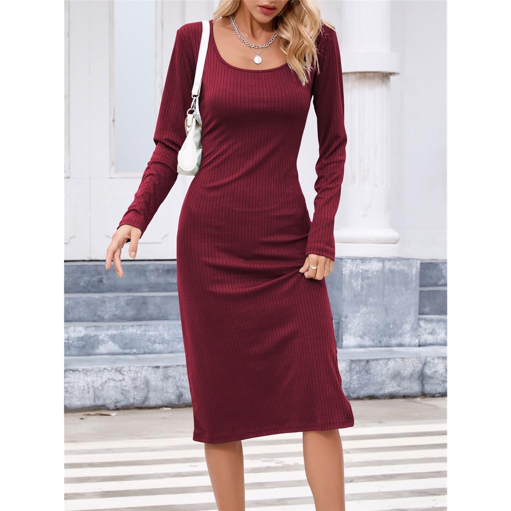 Женское однотонное платье с длинным рукавом, квадратным вырезом, облегающее и элегантное, длинное