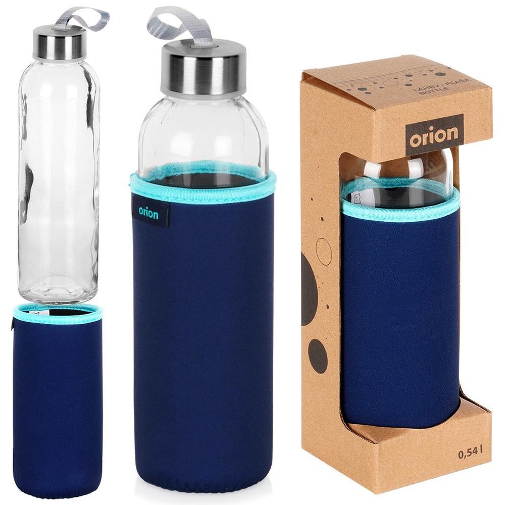 Glass water bottle with cover, navy blue, 540 ml
