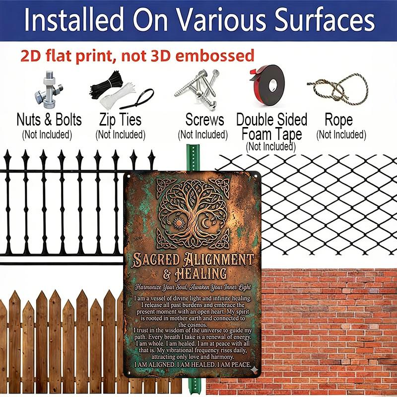 2D Flat, Vintage 7.87*11.8 Square Aluminum Wall Plaque Sacred Tree Totem with Healing Text, Ideal for Home and Office Decoration, Living Room, Cafe