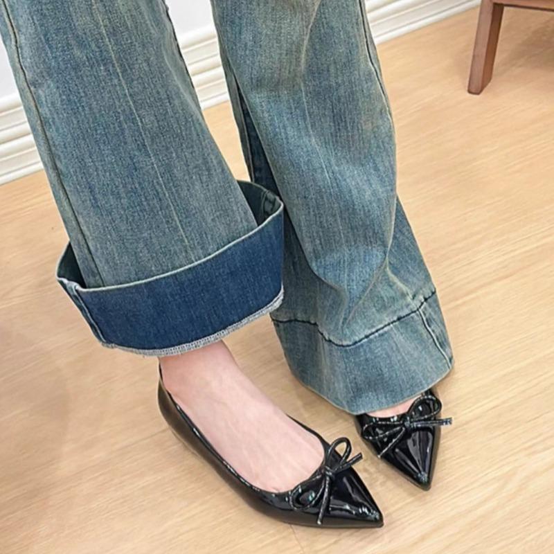 Fashion Heightened Inside Patent Leather Flat Single Shoes for Women New Pointed Toe Shallow Bow Soft Sole Shoes for Women