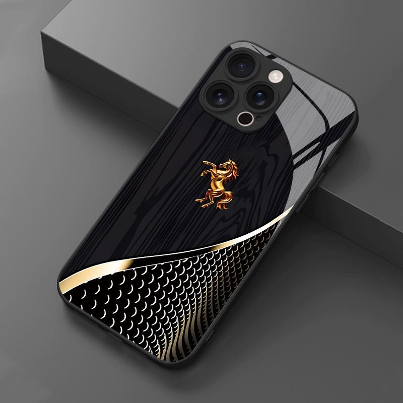 Черный противоударный чехол из закаленного стекла с темным узором и золотой прыгающей лошадью для Samsung Galaxy S23 S24 S25 Ultra Plus FE