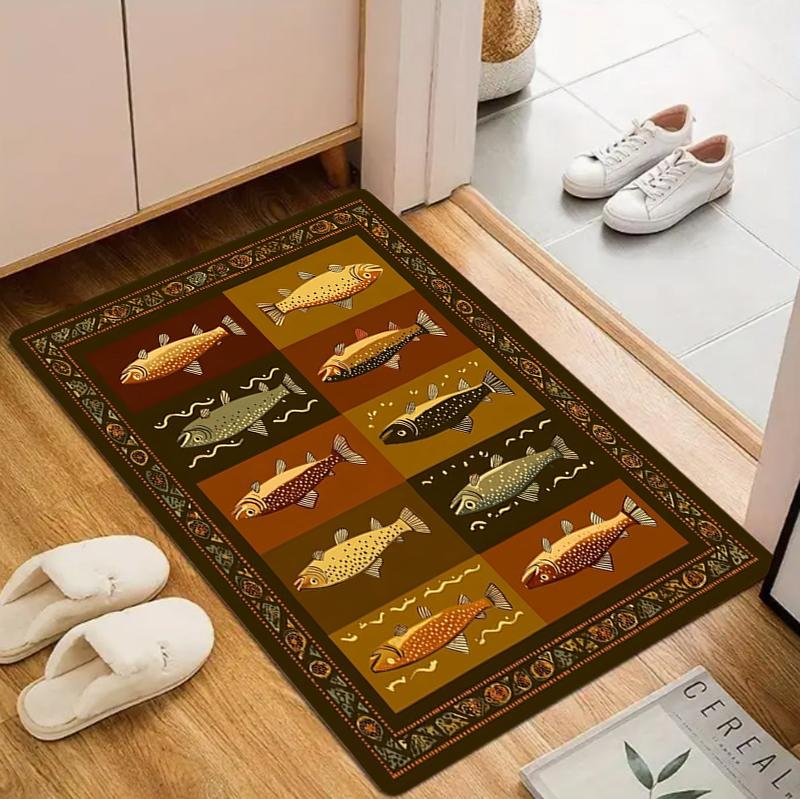 Vintage Trout Fish Doormat Retro Fishing Art Print NonSlip Washable Floor Mat for Front Door Entryway Fisherman Cabin Decor