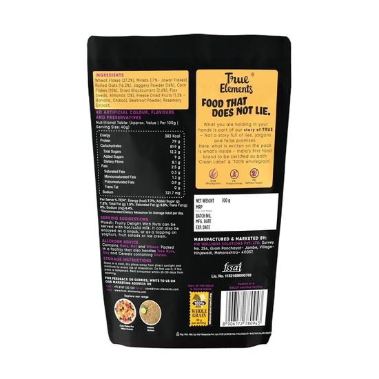 True Elements Мюсли с фруктами и орехами 700 г — фруктовое наслаждение | 100% цельнозерновые хлопья для завтрака | Богаты клетчаткой | Мюсли с овсом и орехами