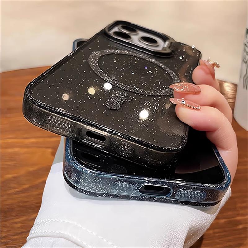 Блестящий чехол для беспроводной зарядки Magsafe для iPhone 14 13 11 12 15 Pro Max, держатель камеры, прозрачный жесткий акриловый магнитный чехол