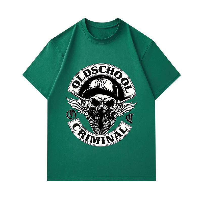 Men's 100% Cotton Crew Neck Short Sleeve T-shirt, Old School Criminal Skull Pattern Casual Streetwear Breathable Top for Daily Wear