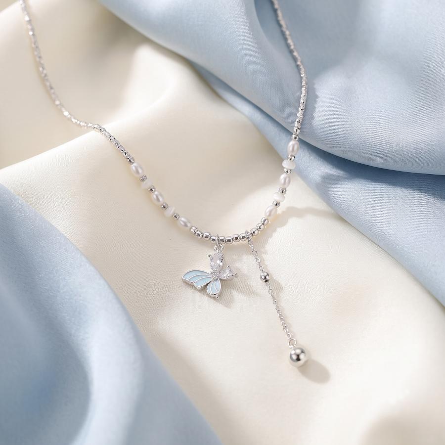 Серебряное ожерелье S925 с синей бабочкой, Асимметричный жемчужный чокер в стиле Y2K Fairycore, Цепочка на ключицу с кисточкой Y-образной формы, Подарок в эстетике Soft Girl