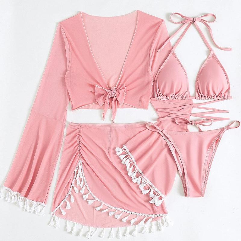 New Women's Split Four Piece Bikini Swimsuit Sexy Solid Lace Up Bikini Elegant Tassel Long Sleeve Fresh Beach Bikini