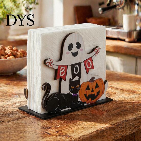 Halloween Paper Towel Holder Ghost Wooden Napkin Holder, Cute Decorative Soft Furnishings for Home Stand, Freestanding Tissue Dispenser Organizer