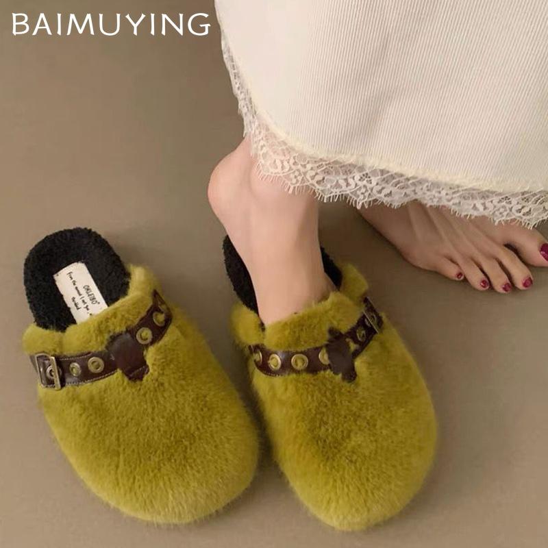 Flats Fur Women Cotton Slppers Designer Buckle Short Plush Mules Shoes 2025 Trend Winter Casual Warm Cozy Snow Botas De Mujer