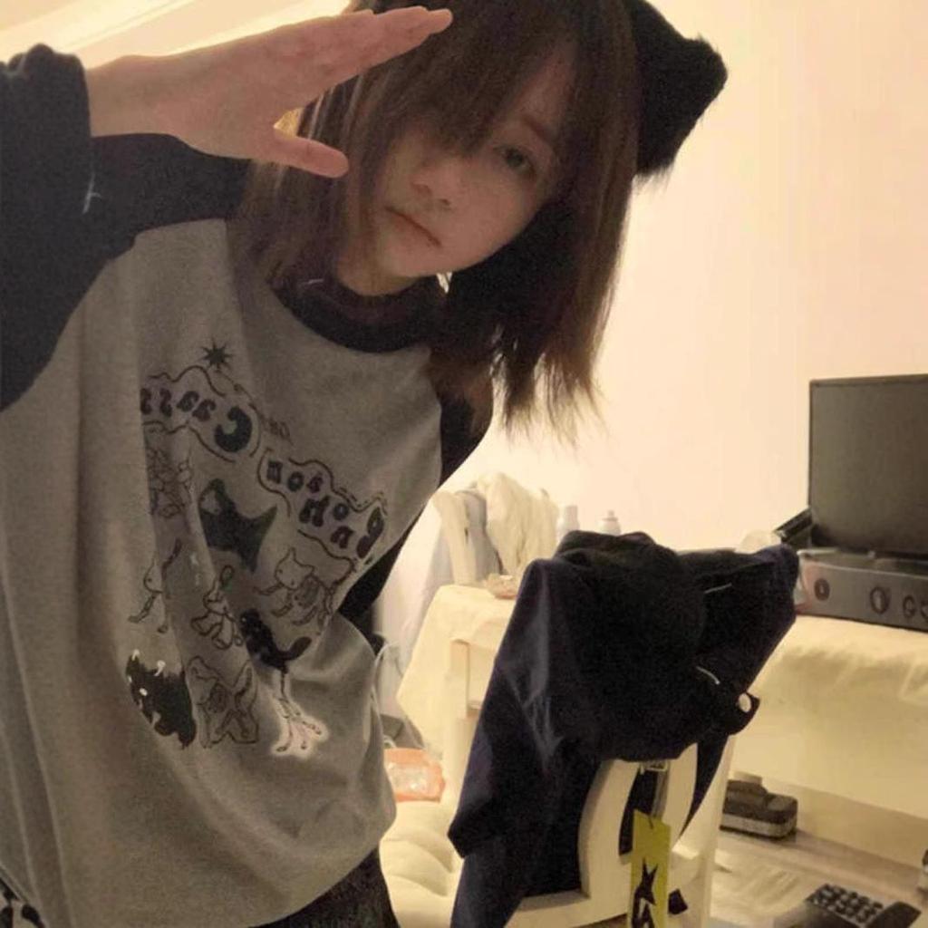 Корейская ретро мультяшная футболка с цветными блоками реглан большого размера – Женский летний свободный топ в стиле Харадзюку