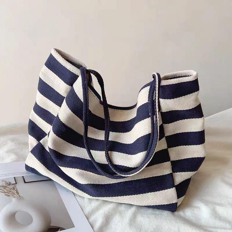 Casual Style Women’s Handbags New Fashion Large Capacity Striped Canvas Underarm Shoulder Bags Ladies Commuter Totes CLE