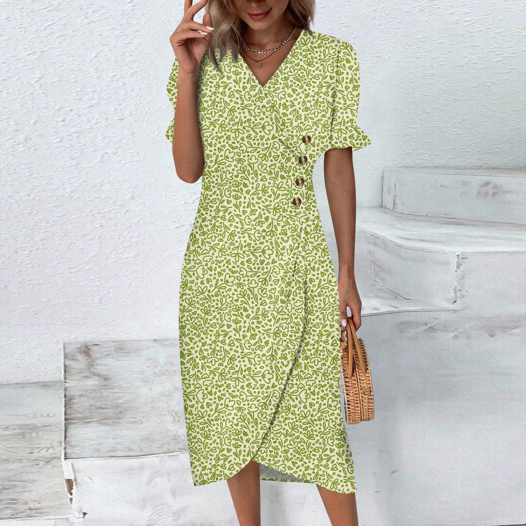Women's Summer Casual Dress V Neck A-line Boho Ditsy Floral Flounce Sleeve Wrap Hem Dress