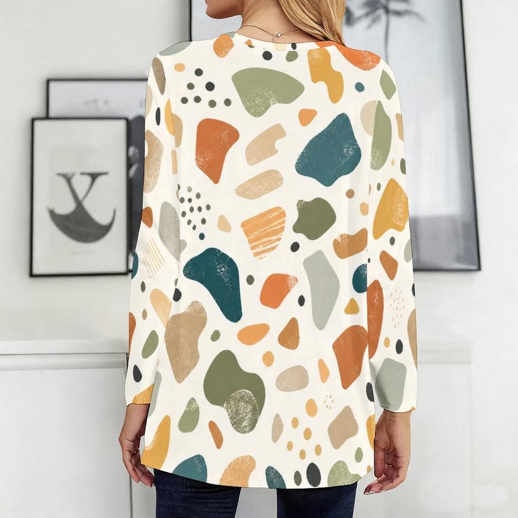Women Plus Size Blue Pink Geometric Printed Round Neck Long Sleeve Loose Longline T Shirt With Pockets